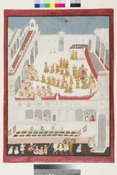 La historia de Krishna representada ante Maharana Jagat Singh II, 1736